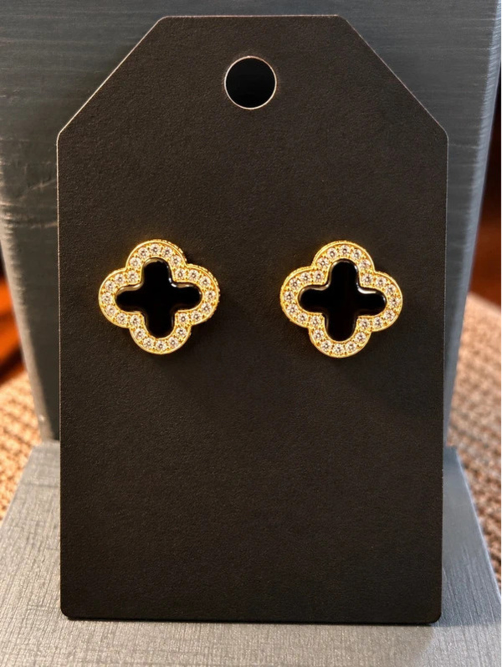 Black Gold Crystal Clover Stud Earrings